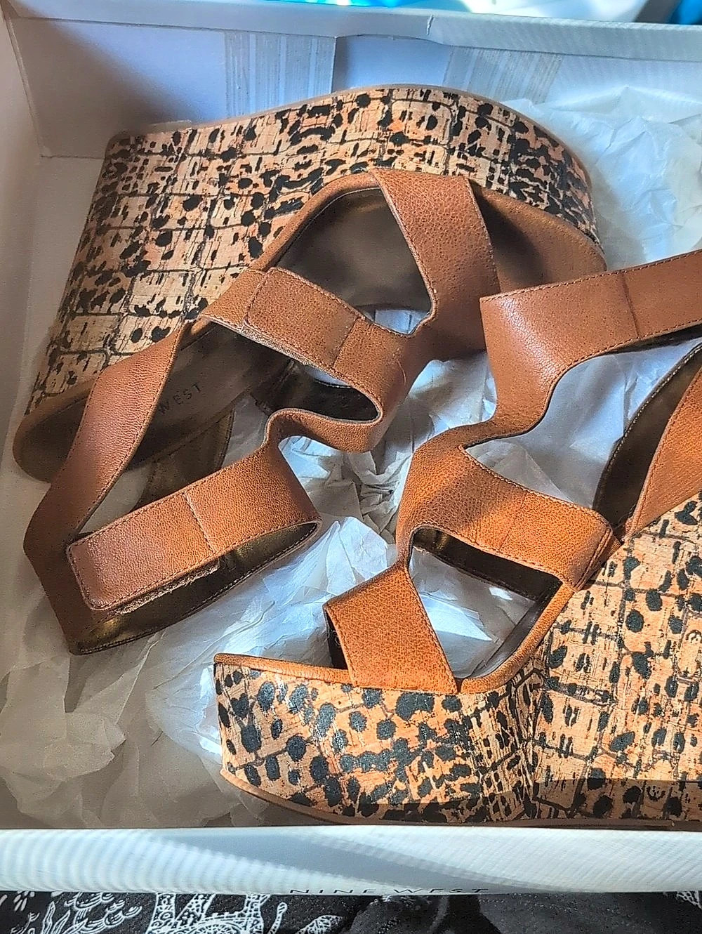 Nine West Women's Brown & Black Animal Print Bealright Wedge Sandals